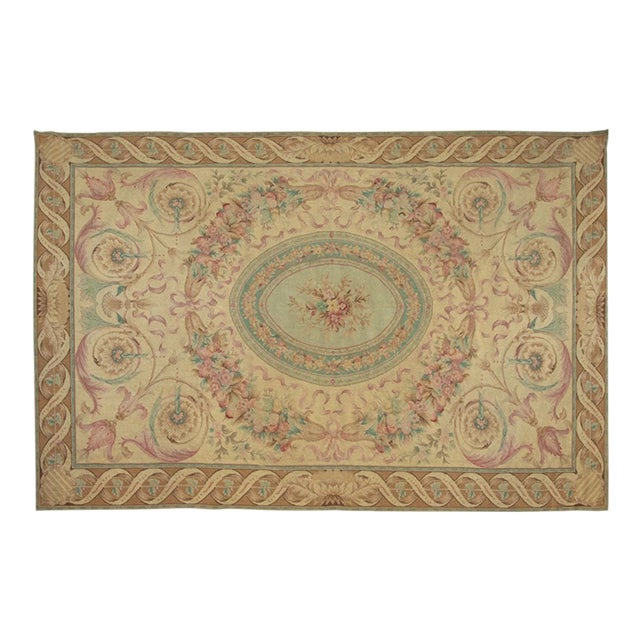 Antique French Aubusson Petit-Point Rug With Oval Floral Medallion - Rug & Kilim For Sale