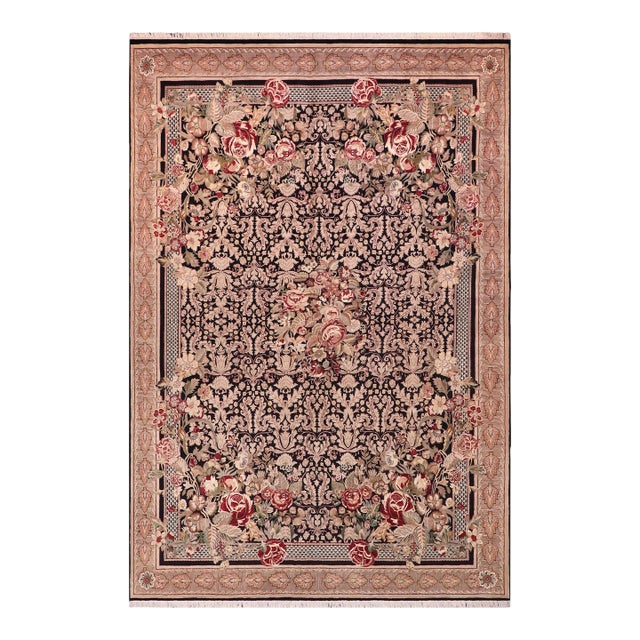 Elegant Shabby Chic 1990's Pak-Persian Black/Beige Wool Rug - 9'0'' X 13'0'' For Sale