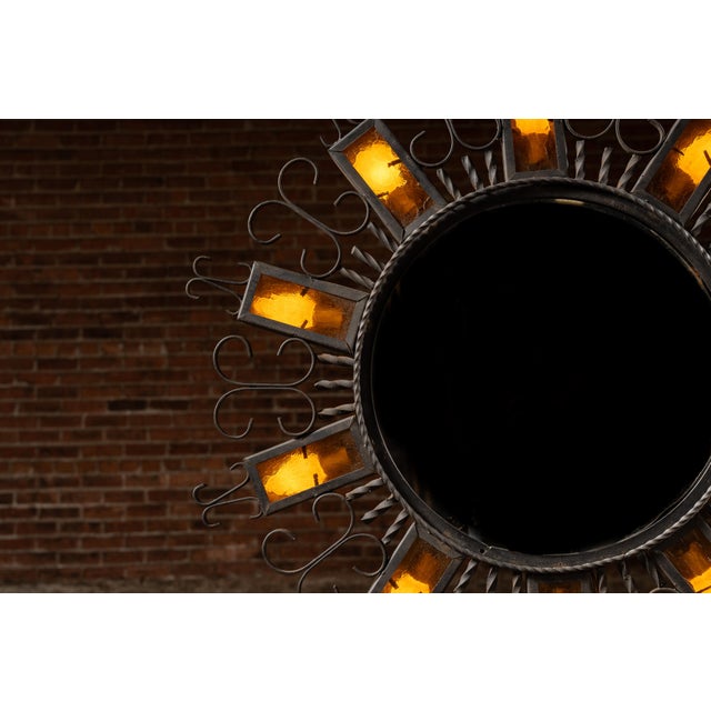 Vintage Spanish Revival Wrought Iron Sunburst Mirrored Light Fixture For Sale In Chicago - Image 6 of 7