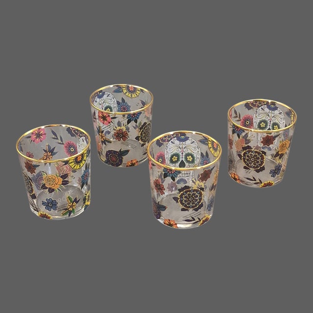 Glass Late 20th Century Boho Chic Williams Sonoma Day of the Dead Painted Skull Floral Tumblers Highball Glasses - Set of Four L For Sale - Image 7 of 8