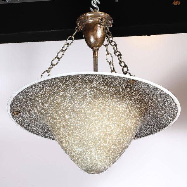 Off-white Art Deco Basin Form Acid Etched Green Gold & White Glass Pendant Signed Daum For Sale - Image 8 of 16