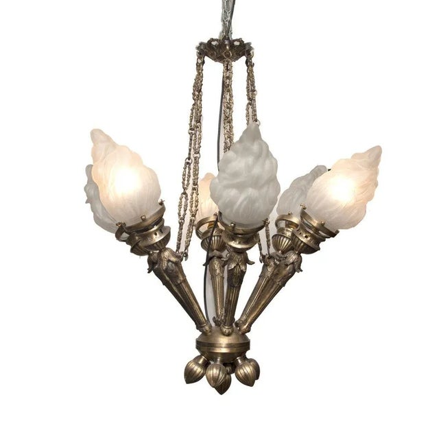 Art Deco Vintage Art Deco Nouveau Mashaal 6 Light Chandelier in Brass & Frosted Glass Lamp For Sale - Image 3 of 6