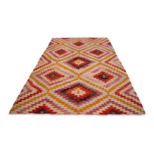 Turkish Hand Made Barak Kilim Area Rug Diamond Design - 5′10″ × 9′6″ For Sale