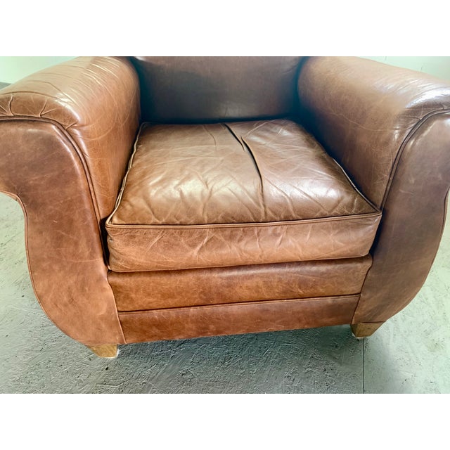 Animal Skin Pair of Leather Club Chairs, French Art Deco-Style, Classic Distressed Brown Leather, "Mustache" Back For Sale - Image 7 of 13