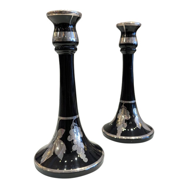 Black Glass Candlesticks For Sale