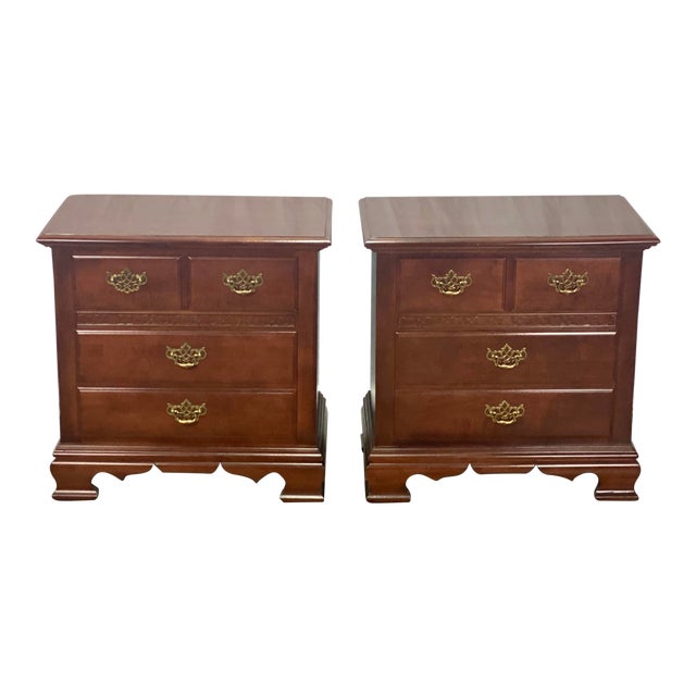 Vintage Cherry Stanley Furniture Chippendale Style 2 Drawer Nightstands