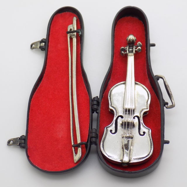 Vintage Italian Handmade Genuine Silver Violin Miniature with Metal Case by Sacchetti Silversmith, 1970s For Sale - Image 16 of 16