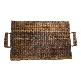 Vintage Rattan Wicker Serving Tray 22" X 13" Handles + Footed For Sale
