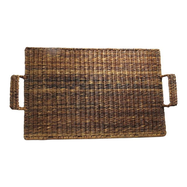 Vintage Rattan Wicker Serving Tray 22" X 13" Handles + Footed For Sale
