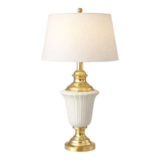 Late 20th Century Hollywood Regency White Fluted Ceramic & Brass Urn Table Lamp, 34” For Sale