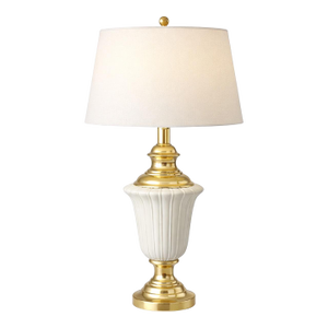 Late 20th Century Hollywood Regency White Fluted Ceramic & Brass Urn Table Lamp, 34”