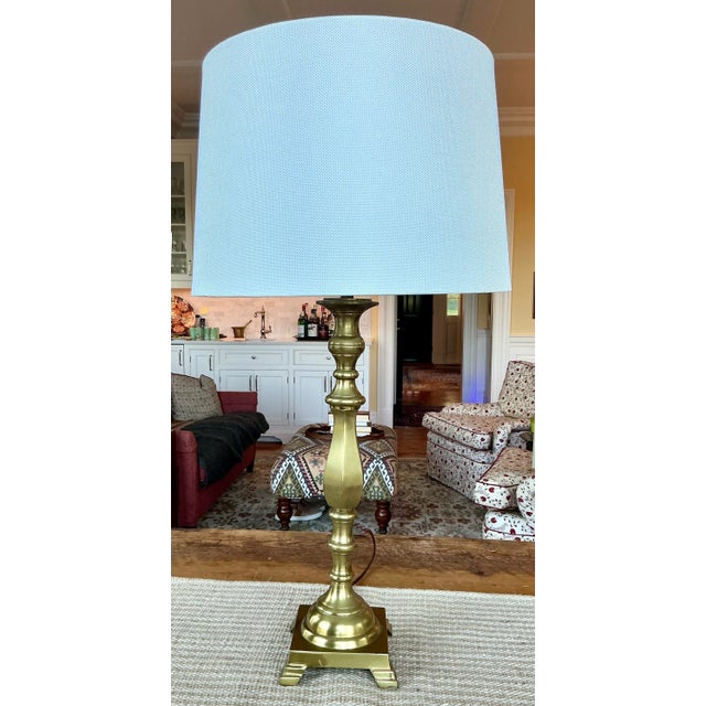 Vintage Traditional Brass Lamp With Fabric Shade For Sale - Image 11 of 12