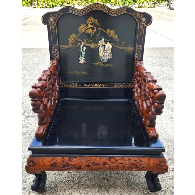 Mid 20th Century Chinese Hand-Carved Dragon Throne Armchairs Pair For Sale - Image 5 of 18