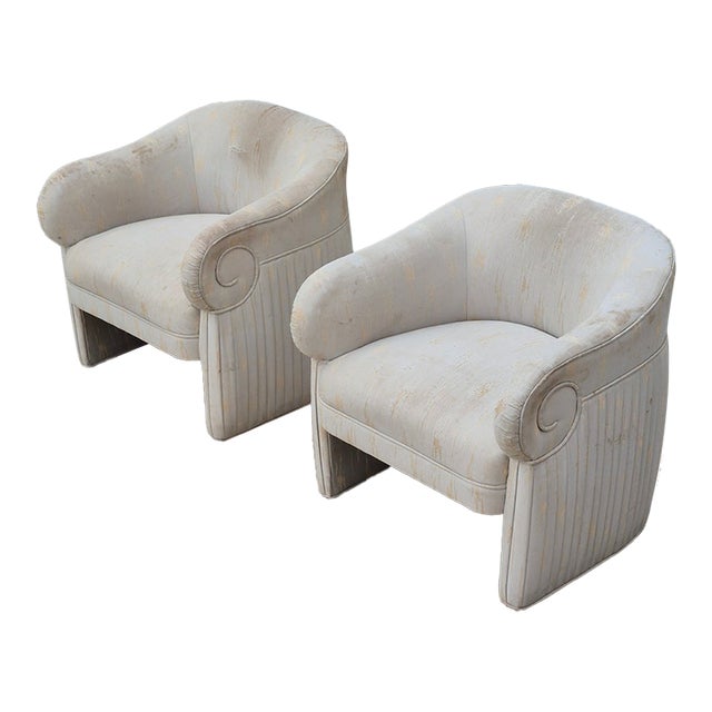 1980s Thayer Coggins Style Art Deco Revival Neoclassical Ionic Column Tub Barrel Chairs for Reupholstery - A Pair For Sale