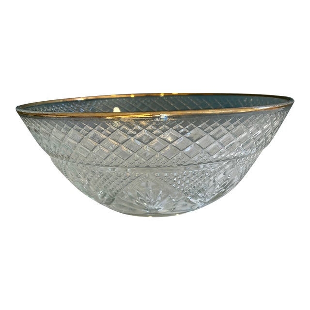 Mid 20th Century Luminarc Diamond-Cut Crystal Serving Bowl With 18k Gold Rim For Sale