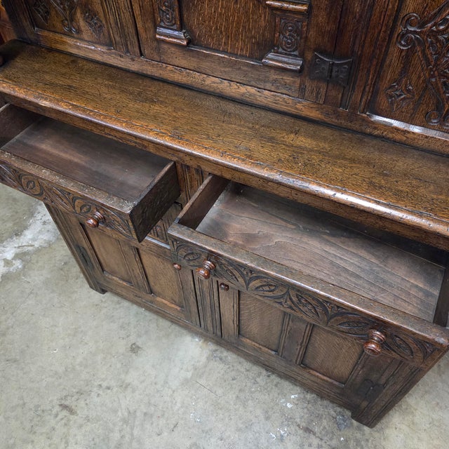 19th Century English Oak Carved Panel Jacobean 3 Door & 2 Drawer Court Cupboard With Bulbous Supports For Sale - Image 12 of 18