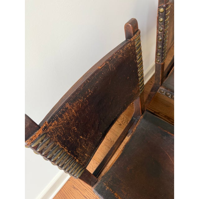 Brown Early 20th Century Spanish Baroque Revival Oak and Leather Side Chairs, a Pair For Sale - Image 8 of 14