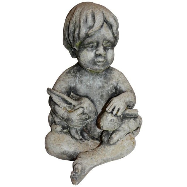 Midcentury Concrete Statue of Baby Holding Bunnies For Sale - Image 10 of 10