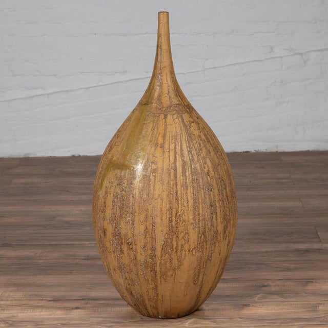 Contemporary Thai Handmade Ceramic Vase with Tapered Spout and Mustard Glaze For Sale In New York - Image 6 of 13