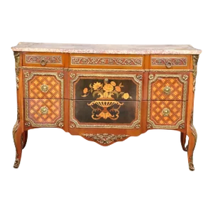 Inlaid French Louis XV Bronze Mounted Marble Top Commode