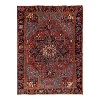 Red Antique Persian Heriz Handmade Medallion Designed Wool Rug For Sale