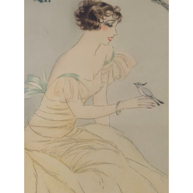 Vintage “The Song Bird” by Czerwinski, Art Deco Woman & Bird, Oval Gilt Frame For Sale - Image 10 of 12