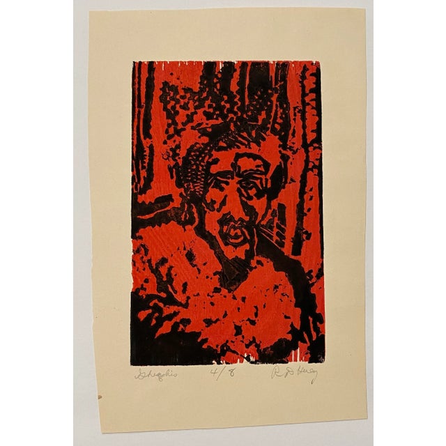 By North Carolina born artist Ronald Dean Huey (1950-2018) "Ghenghis" pencil signed mixed media block print numbered 4 of 8.