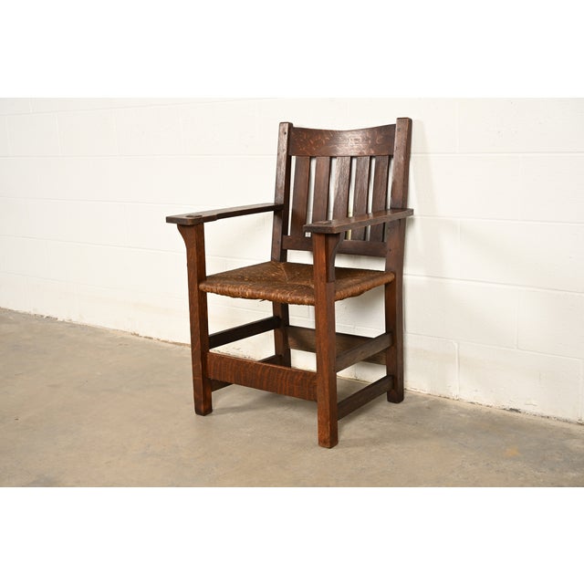 Gustav Stickley Antique Mission Oak Arts & Crafts Armchair With Rush Seat, Circa 1910 For Sale - Image 14 of 14