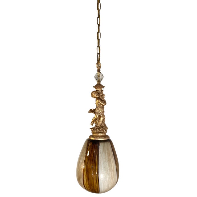 Murano Art Glass Aventurine Ovoid Shade With a Cherub Sculpture Pendant Light For Sale - Image 17 of 18