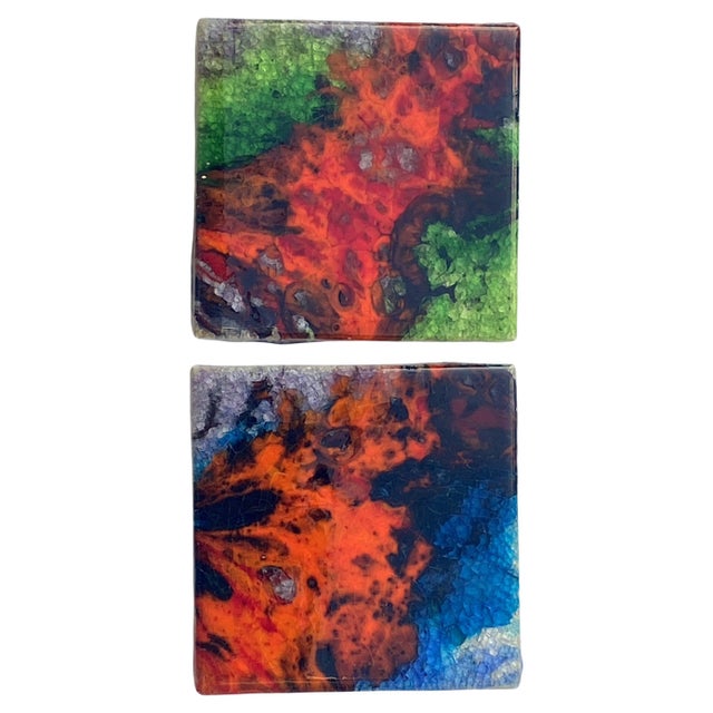 Square Ceramic Art Tiles with Multi Color Bright Glazes, 1970s, Set of 4 For Sale - Image 4 of 13