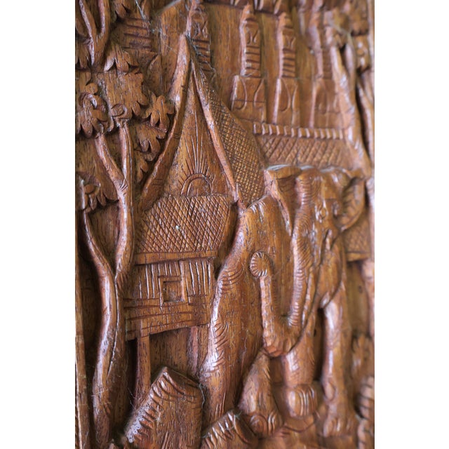 Vintage Southeast Asian Carved Teak Elephant, House & Temple Relief on Silk For Sale - Image 10 of 15