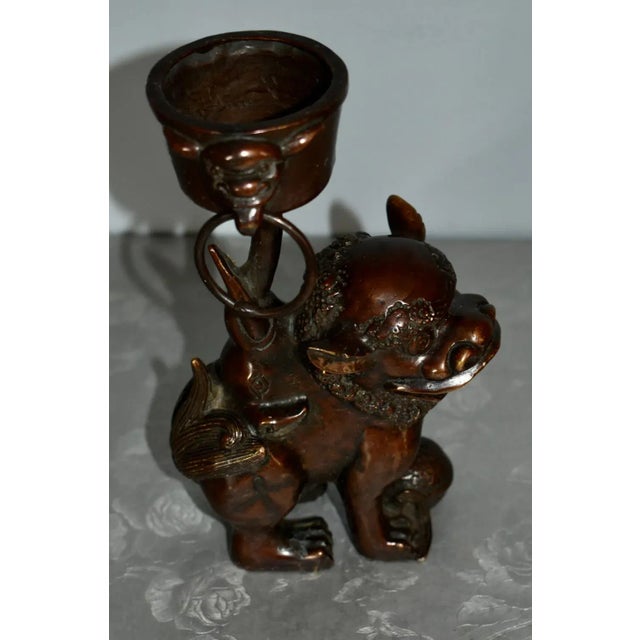 Metal Vintage Chinese Bronze Foo Dog Candle Holder For Sale - Image 7 of 13
