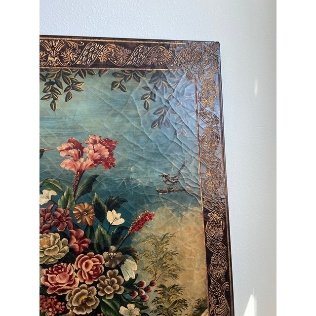 Extra Large Castilian Imports Antique Painting on Wood With Birds and Flowers (70 X 38 X 1.1 Inches) For Sale In Tampa - Image 6 of 12