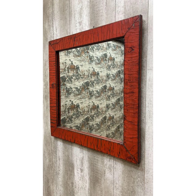 Mid 20th Century Vintage Chinese Red Linen Wrapped Square Mirror For Sale - Image 5 of 6