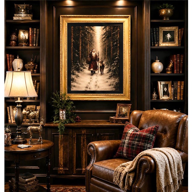 Large Santa & Reindeer Christmas Canvas Print in Gilded Wood Frame, 36” For Sale - Image 10 of 11