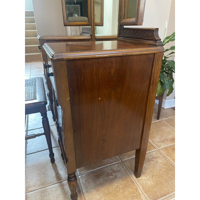 Early 20th Century Antique Vanity Desk With Trifold Mirror and Cane Seat Bench by the Rushville
