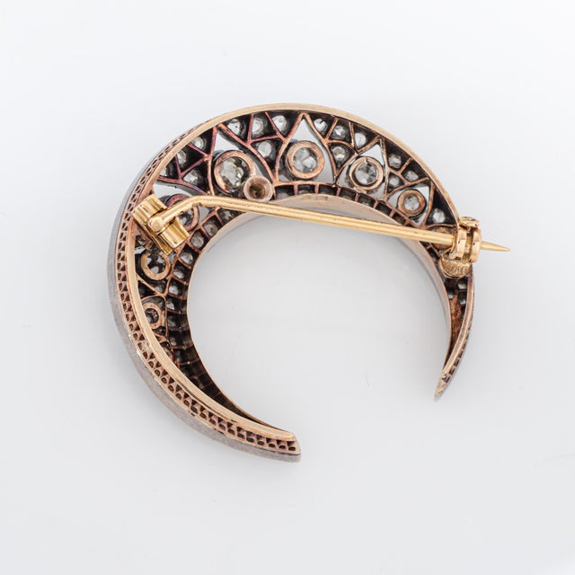 Distinct and beautifully made antique Portuguese crescent moon brooch crafted in 19 karat Portuguese yellow gold and...