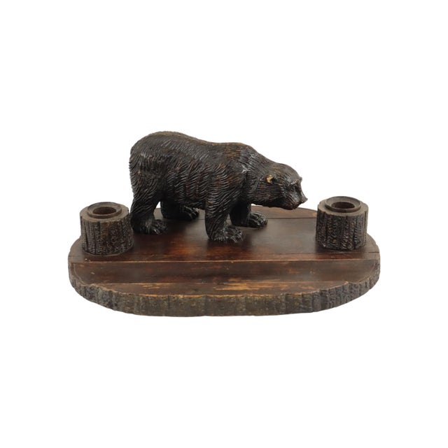 Large antique black forest (schwarzwald) pen holder featuring two inkwells and a central bear figure; handcrafted from...