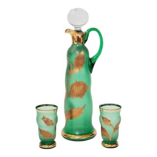 19th Century Green Frosted Bohemian Green Glass With Gold Leaves Pitcher & Glass Cocktail Set- 3 Pieces For Sale