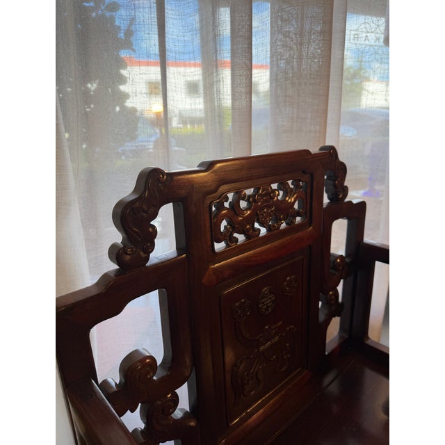 Chinoiserie Antique Qing Dynasty Style Hand Carved Solid Rosewood Chairs a Pair For Sale - Image 3 of 12