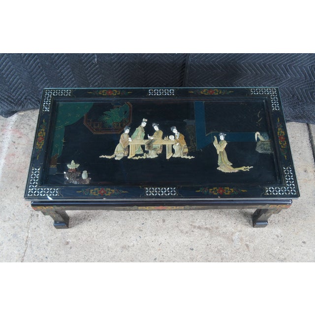 Vintage Chinese Black Lacquer Figural Soapstone Folding Coffee Table Chinoiserie For Sale - Image 10 of 13