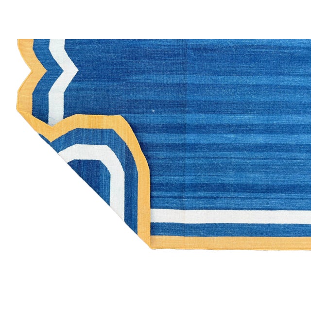 Casa Cosima Handmade Cotton Area Rug Natural Vegetable Dyed Blue Scalloped Rug Yellow Border - 12'x15' For Sale - Image 4 of 11
