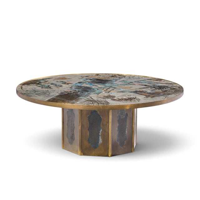 Philip and Kelvin LaVerne Mid Century Chan Bronze Coffee Table This coffee table measures: 47 wide x 47 deep x 17.5 inches...