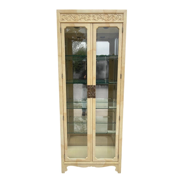 Vintage Henredon Faux Goatskin Pan Asian Campaign Curio Cabinet Hutch Display For Sale