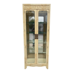 Vintage Henredon Faux Goatskin Pan Asian Campaign Curio Cabinet Hutch Display