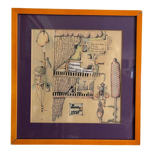 Vintage 1950’s Outsider Surrealist Drawing Watercolor With Man and Keyboard For Sale