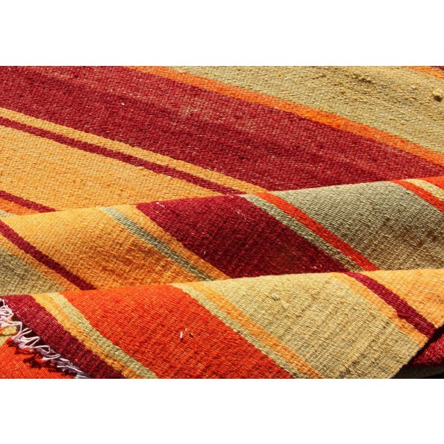 Textile Vintage Turkish Kilim Rug in Red, Orange, Gold, and Sage Green Striped Pattern For Sale - Image 7 of 9