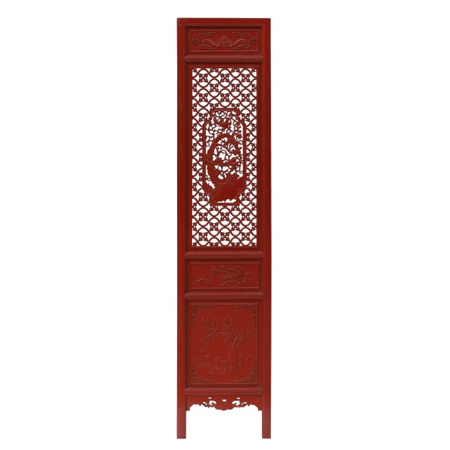 Wood Chinese Red Paint Geometric Flower Bird Accent Narrow Floor Panel Headboard For Sale - Image 7 of 7