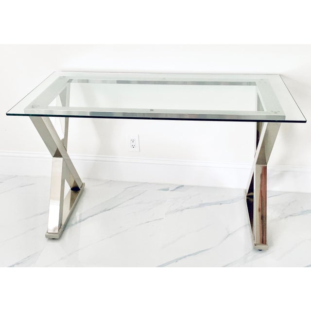 Modern Glass Desk Table With Silver Polish Chrome Cross Base Chairish