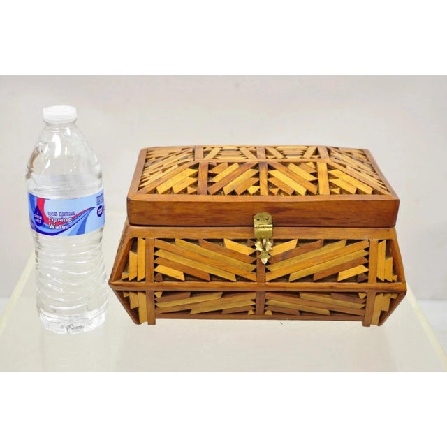 Vintage Arts & Crafts Tramp Art Folk Art Wood Inlay Jewelry Trinket Desk Box. Item features a mirror to the interior lid,...